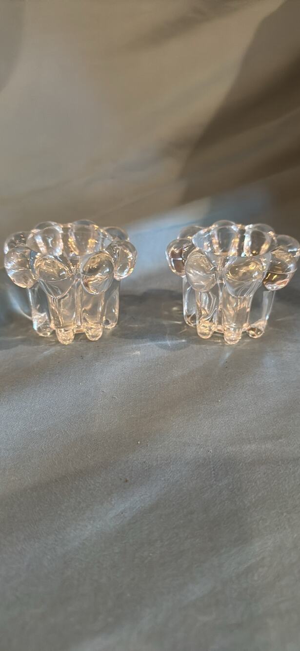 Vintage KIG Indonesia Clear Glass Candle Holders Pair, Flower Petal Bubble